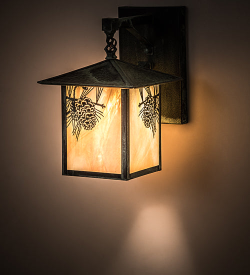 Meyda Lighting Seneca 9" Craftsman Verdigris Winter Pine Straight Arm Wall Sconce With Beige Iridescent Art Shade Glass