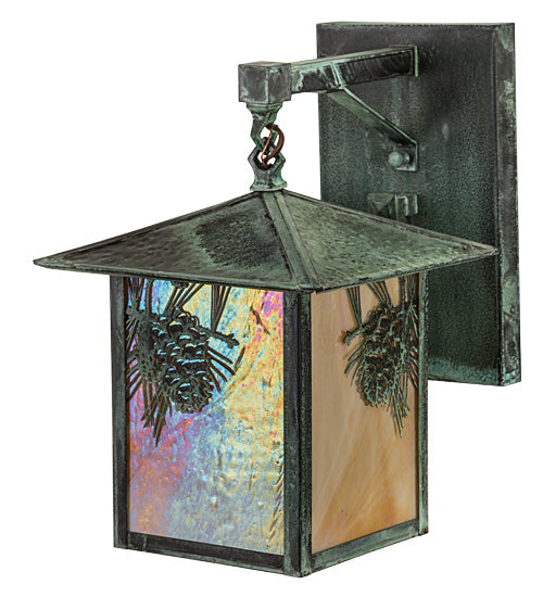 Meyda Lighting Seneca 9" Craftsman Verdigris Winter Pine Straight Arm Wall Sconce With Beige Iridescent Art Shade Glass