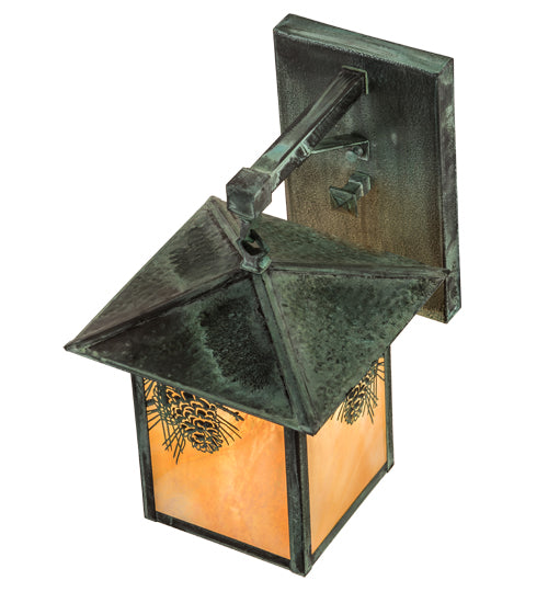 Meyda Lighting Seneca 9" Craftsman Verdigris Winter Pine Straight Arm Wall Sconce With Beige Iridescent Art Shade Glass