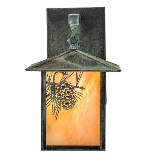 Meyda Lighting Seneca 9" Craftsman Verdigris Winter Pine Straight Arm Wall Sconce With Beige Iridescent Art Shade Glass