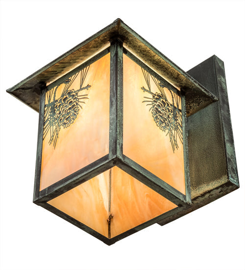 Meyda Lighting Seneca 9" Craftsman Verdigris Winter Pine Straight Arm Wall Sconce With Beige Iridescent Art Shade Glass