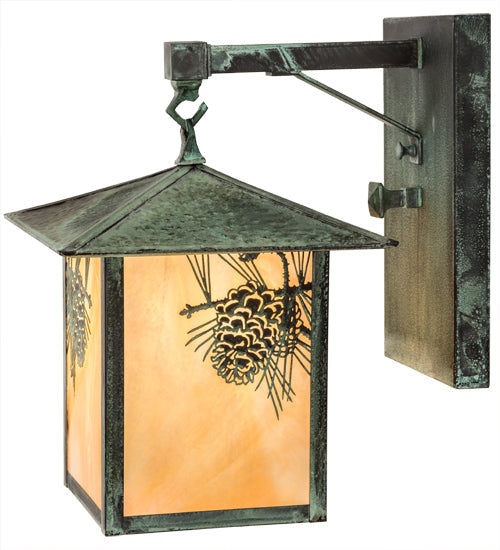 Meyda Lighting Seneca 9" Craftsman Verdigris Winter Pine Straight Arm Wall Sconce With Beige Iridescent Art Shade Glass