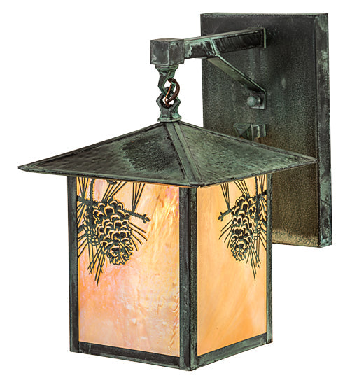 Meyda Lighting Seneca 9" Craftsman Verdigris Winter Pine Straight Arm Wall Sconce With Beige Iridescent Art Shade Glass