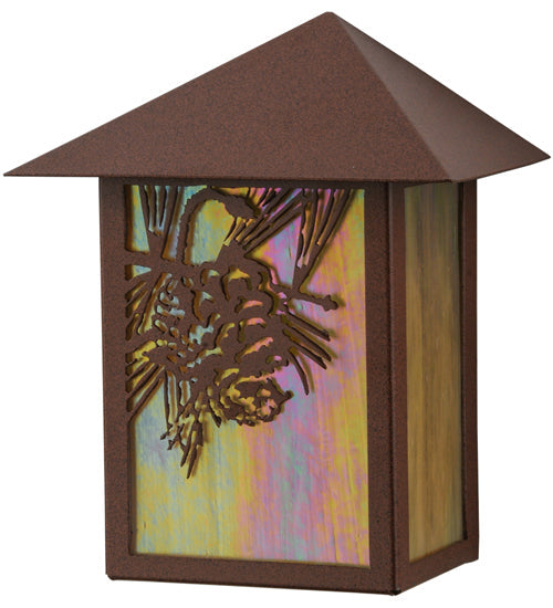 Meyda Lighting Seneca 9" Rust Powder Coat Winter Pine Wall Sconce With Beige Iridescent Art Shade Glass