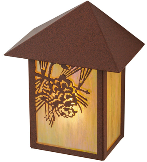 Meyda Lighting Seneca 9" Rust Powder Coat Winter Pine Wall Sconce With Beige Iridescent Art Shade Glass