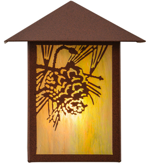 Meyda Lighting Seneca 9" Rust Powder Coat Winter Pine Wall Sconce With Beige Iridescent Art Shade Glass