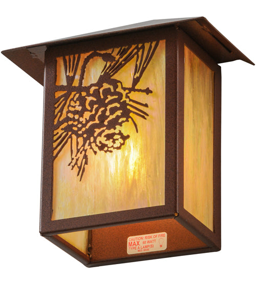 Meyda Lighting Seneca 9" Rust Powder Coat Winter Pine Wall Sconce With Beige Iridescent Art Shade Glass