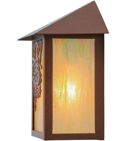 Meyda Lighting Seneca 9" Rust Powder Coat Winter Pine Wall Sconce With Beige Iridescent Art Shade Glass