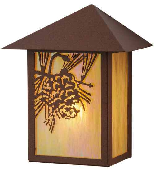 Meyda Lighting Seneca 9" Rust Powder Coat Winter Pine Wall Sconce With Beige Iridescent Art Shade Glass