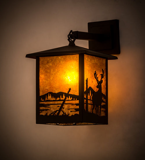 Meyda Lighting Seneca 9" Textured Black Deer Creek Hanging Wall Sconce With Amber Mica Shade Glass