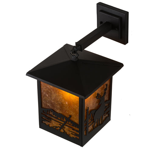 Meyda Lighting Seneca 9" Textured Black Deer Creek Hanging Wall Sconce With Amber Mica Shade Glass