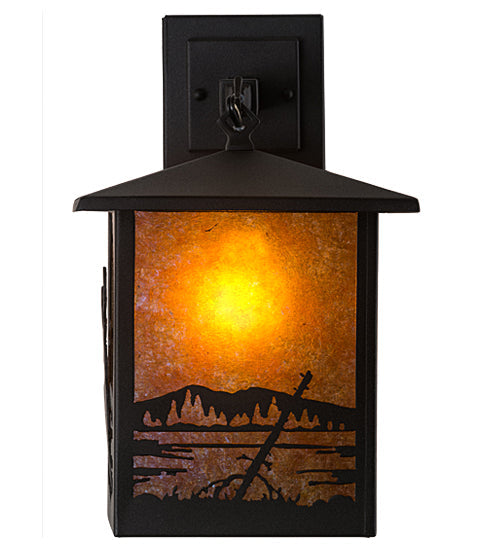 Meyda Lighting Seneca 9" Textured Black Deer Creek Hanging Wall Sconce With Amber Mica Shade Glass
