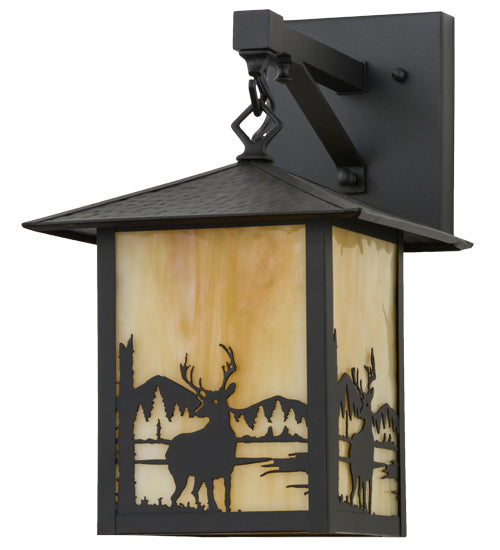 Meyda Lighting Seneca 9" Textured Black Deer Creek Hanging Wall Sconce With Beige Art Shade Glass