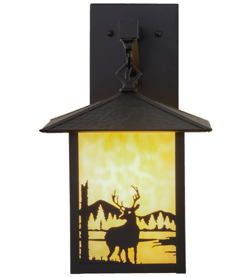 Meyda Lighting Seneca 9" Textured Black Deer Creek Hanging Wall Sconce With Beige Art Shade Glass