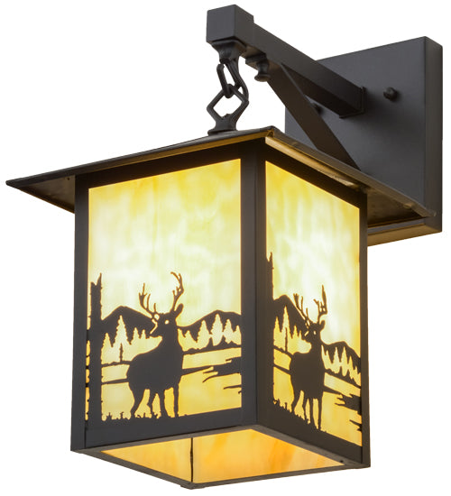 Meyda Lighting Seneca 9" Textured Black Deer Creek Hanging Wall Sconce With Beige Art Shade Glass