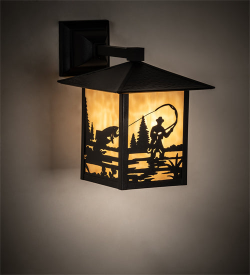 Meyda Lighting Seneca 9" Textured Black Fly Fisherman Solid Mount Wall Sconce With Beige Shade Glass