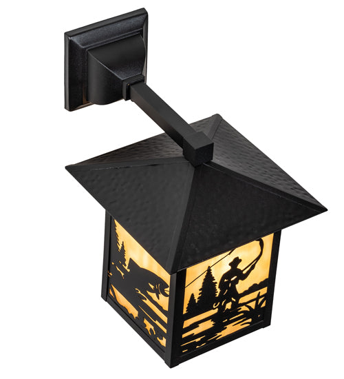 Meyda Lighting Seneca 9" Textured Black Fly Fisherman Solid Mount Wall Sconce With Beige Shade Glass