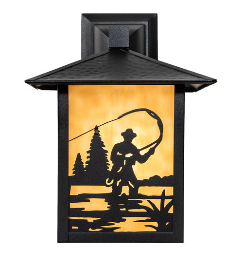 Meyda Lighting Seneca 9" Textured Black Fly Fisherman Solid Mount Wall Sconce With Beige Shade Glass
