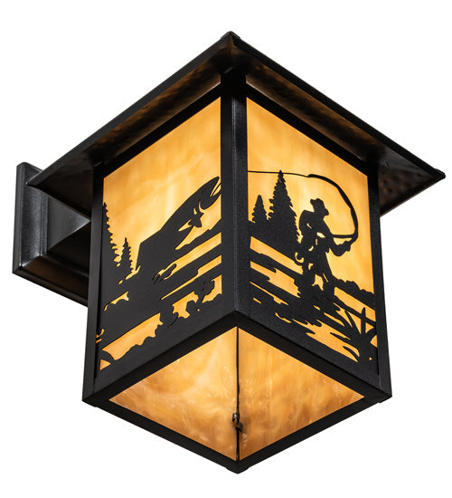 Meyda Lighting Seneca 9" Textured Black Fly Fisherman Solid Mount Wall Sconce With Beige Shade Glass