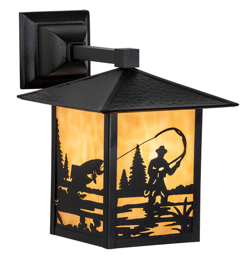 Meyda Lighting Seneca 9" Textured Black Fly Fisherman Solid Mount Wall Sconce With Beige Shade Glass