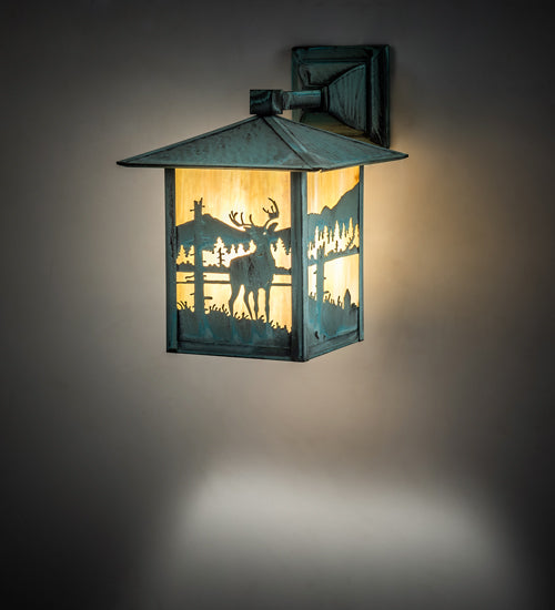 Meyda Lighting Seneca 9" Verdigris Deer Creek Solid Mount Wall Sconce With Beige Art Shade Glass