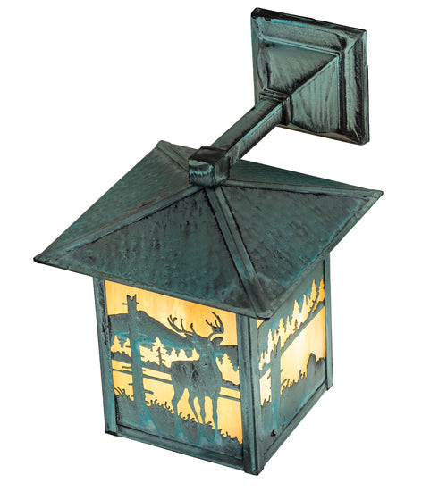 Meyda Lighting Seneca 9" Verdigris Deer Creek Solid Mount Wall Sconce With Beige Art Shade Glass