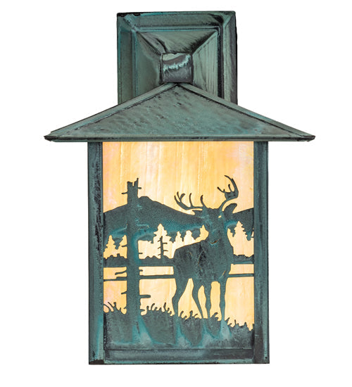 Meyda Lighting Seneca 9" Verdigris Deer Creek Solid Mount Wall Sconce With Beige Art Shade Glass