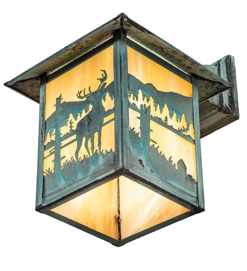 Meyda Lighting Seneca 9" Verdigris Deer Creek Solid Mount Wall Sconce With Beige Art Shade Glass