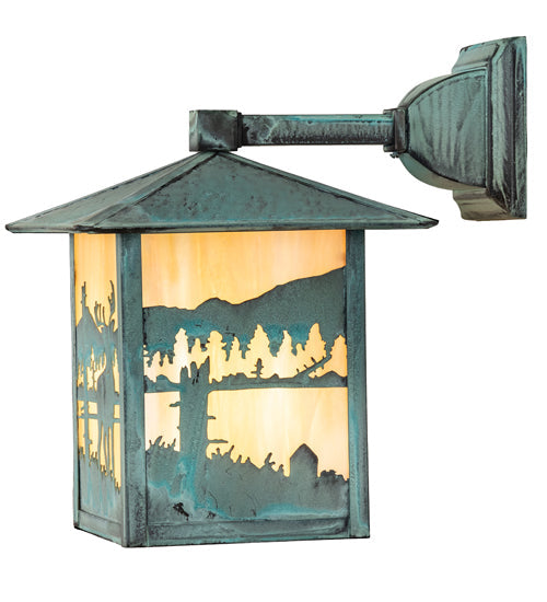 Meyda Lighting Seneca 9" Verdigris Deer Creek Solid Mount Wall Sconce With Beige Art Shade Glass