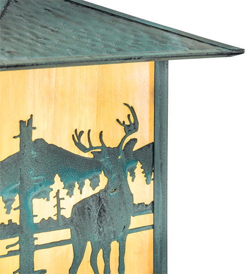 Meyda Lighting Seneca 9" Verdigris Deer Creek Solid Mount Wall Sconce With Beige Art Shade Glass