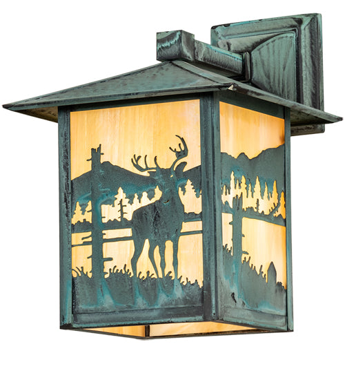 Meyda Lighting Seneca 9" Verdigris Deer Creek Solid Mount Wall Sconce With Beige Art Shade Glass