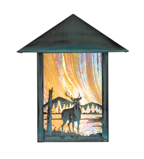 Meyda Lighting Seneca 9" Verdigris Deer at Lake Wall Sconce With Beige Iridescent Shade Glass