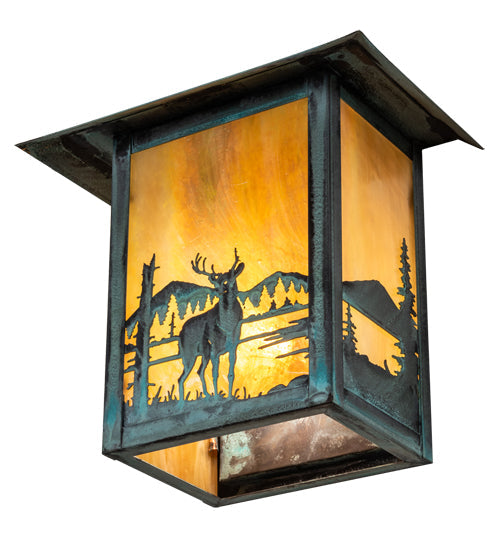 Meyda Lighting Seneca 9" Verdigris Deer at Lake Wall Sconce With Beige Iridescent Shade Glass