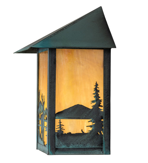 Meyda Lighting Seneca 9" Verdigris Deer at Lake Wall Sconce With Beige Iridescent Shade Glass