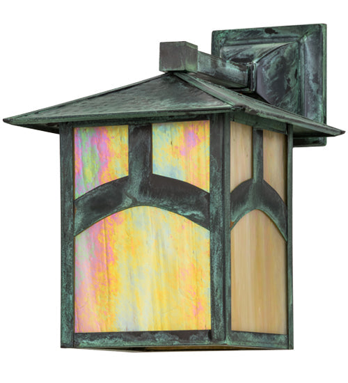 Meyda Lighting Seneca 9" Verdigris Hill Top Solid Mount Wall Sconce With Beige Irridescent Art Shade Glass