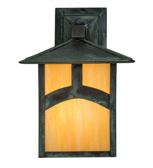 Meyda Lighting Seneca 9" Verdigris Hill Top Solid Mount Wall Sconce With Beige Irridescent Art Shade Glass