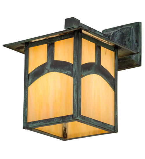 Meyda Lighting Seneca 9" Verdigris Hill Top Solid Mount Wall Sconce With Beige Irridescent Art Shade Glass