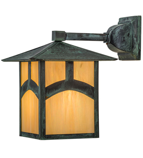 Meyda Lighting Seneca 9" Verdigris Hill Top Solid Mount Wall Sconce With Beige Irridescent Art Shade Glass