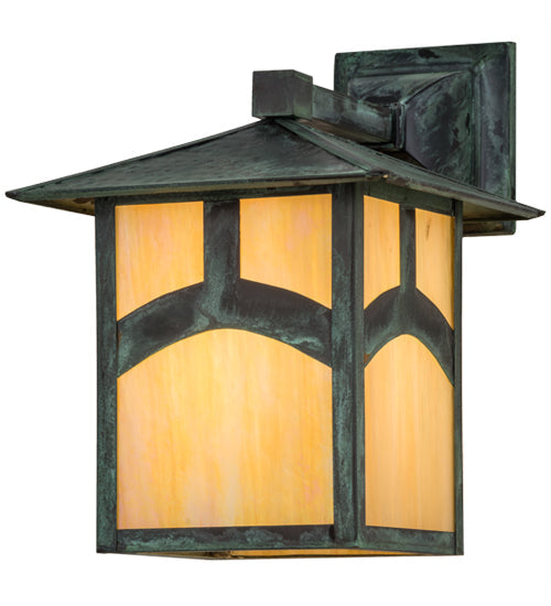 Meyda Lighting Seneca 9" Verdigris Hill Top Solid Mount Wall Sconce With Beige Irridescent Art Shade Glass