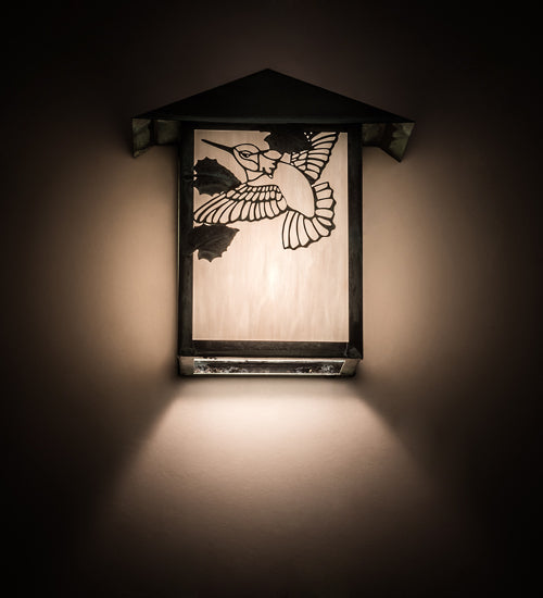 Meyda Lighting Seneca 9" Verdigris Hummingbird Wall Sconce With White Art Shade Glass
