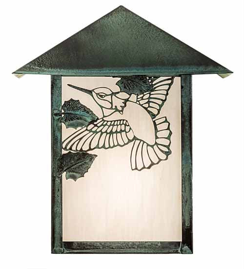 Meyda Lighting Seneca 9" Verdigris Hummingbird Wall Sconce With White Art Shade Glass