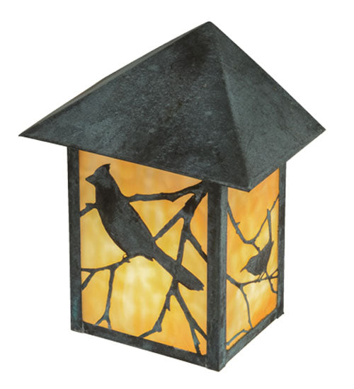 Meyda Lighting Seneca 9" Verdigris Song Bird Wall Sconce With Beige Art Shade Glass