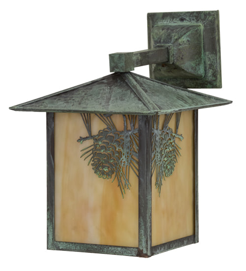 Meyda Lighting Seneca 9" Verdigris Winter Pine Solid Mount Wall Sconce With Beige Art Shade Glass