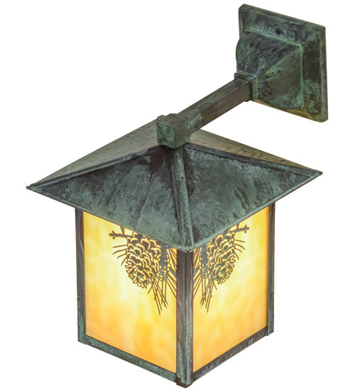 Meyda Lighting Seneca 9" Verdigris Winter Pine Solid Mount Wall Sconce With Beige Art Shade Glass