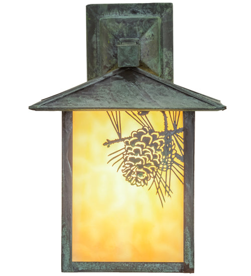 Meyda Lighting Seneca 9" Verdigris Winter Pine Solid Mount Wall Sconce With Beige Art Shade Glass