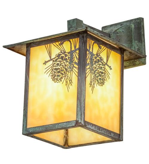 Meyda Lighting Seneca 9" Verdigris Winter Pine Solid Mount Wall Sconce With Beige Art Shade Glass