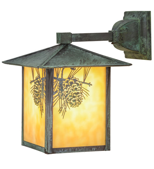 Meyda Lighting Seneca 9" Verdigris Winter Pine Solid Mount Wall Sconce With Beige Art Shade Glass