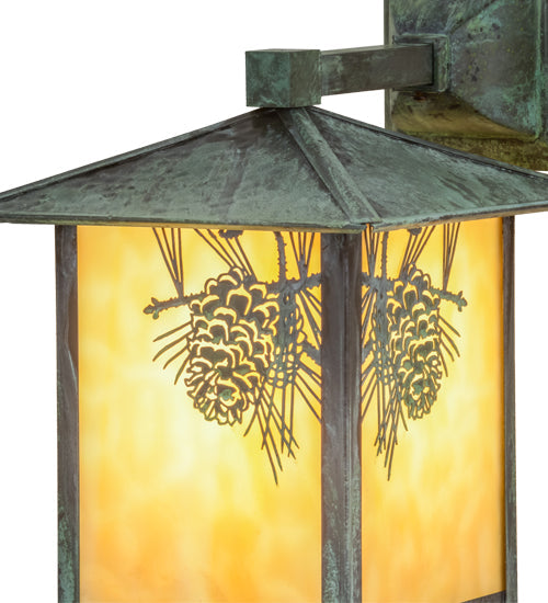 Meyda Lighting Seneca 9" Verdigris Winter Pine Solid Mount Wall Sconce With Beige Art Shade Glass