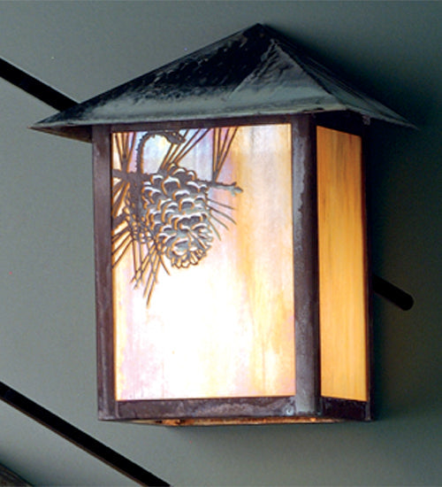 Meyda Lighting Seneca 9" Verdigris Winter Pine Wall Sconce With Beige Iridescent Shade Glass