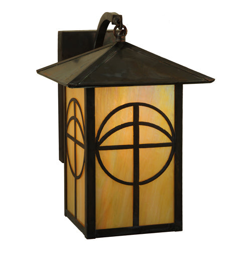 Meyda Lighting Seneca 9" Vintage Brass Circle Cross Curved Arm Wall Sconce With Beige Iridescent Shade Glass